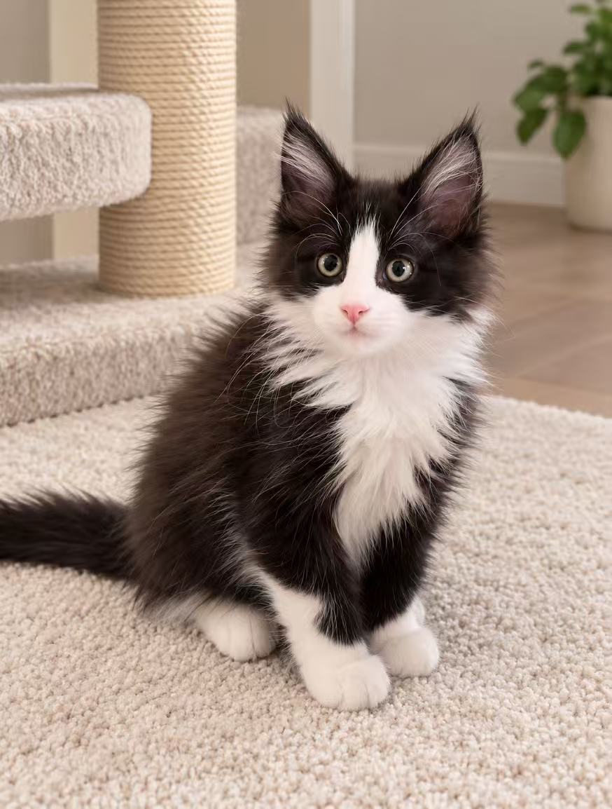 Black and white Maine Coon graduate kitten
