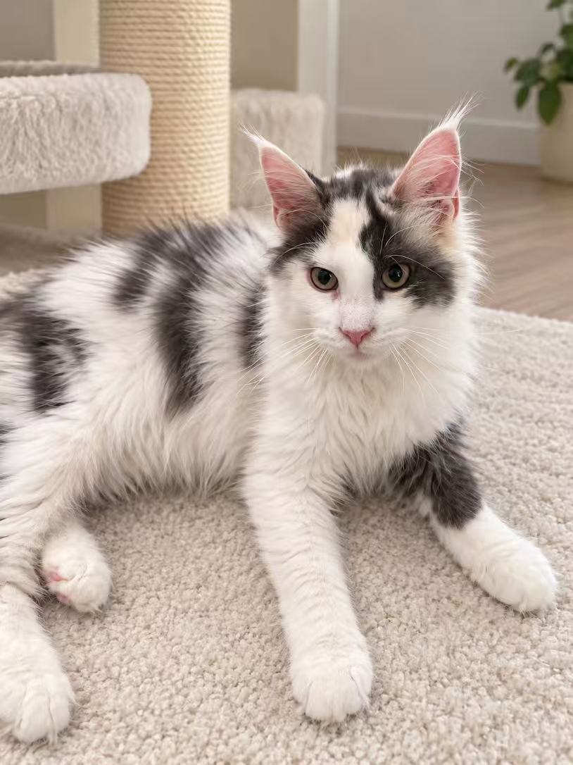 Silver and white Maine Coon graduate kitten