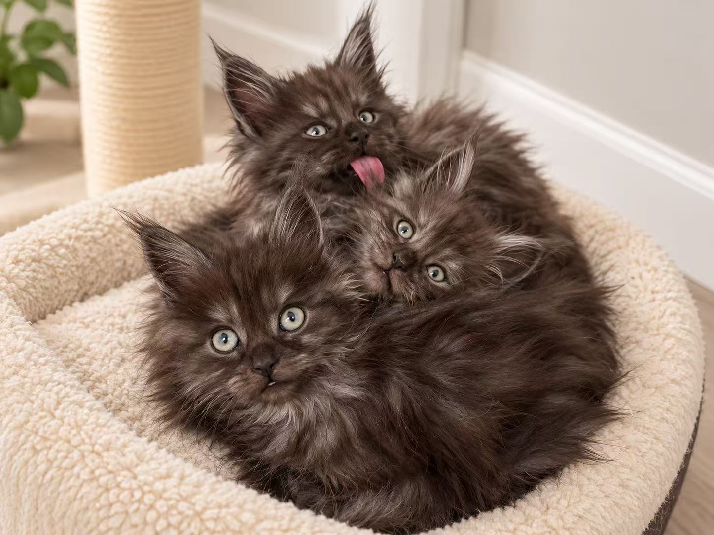 Three dark Maine Coon graduate kittens resting together